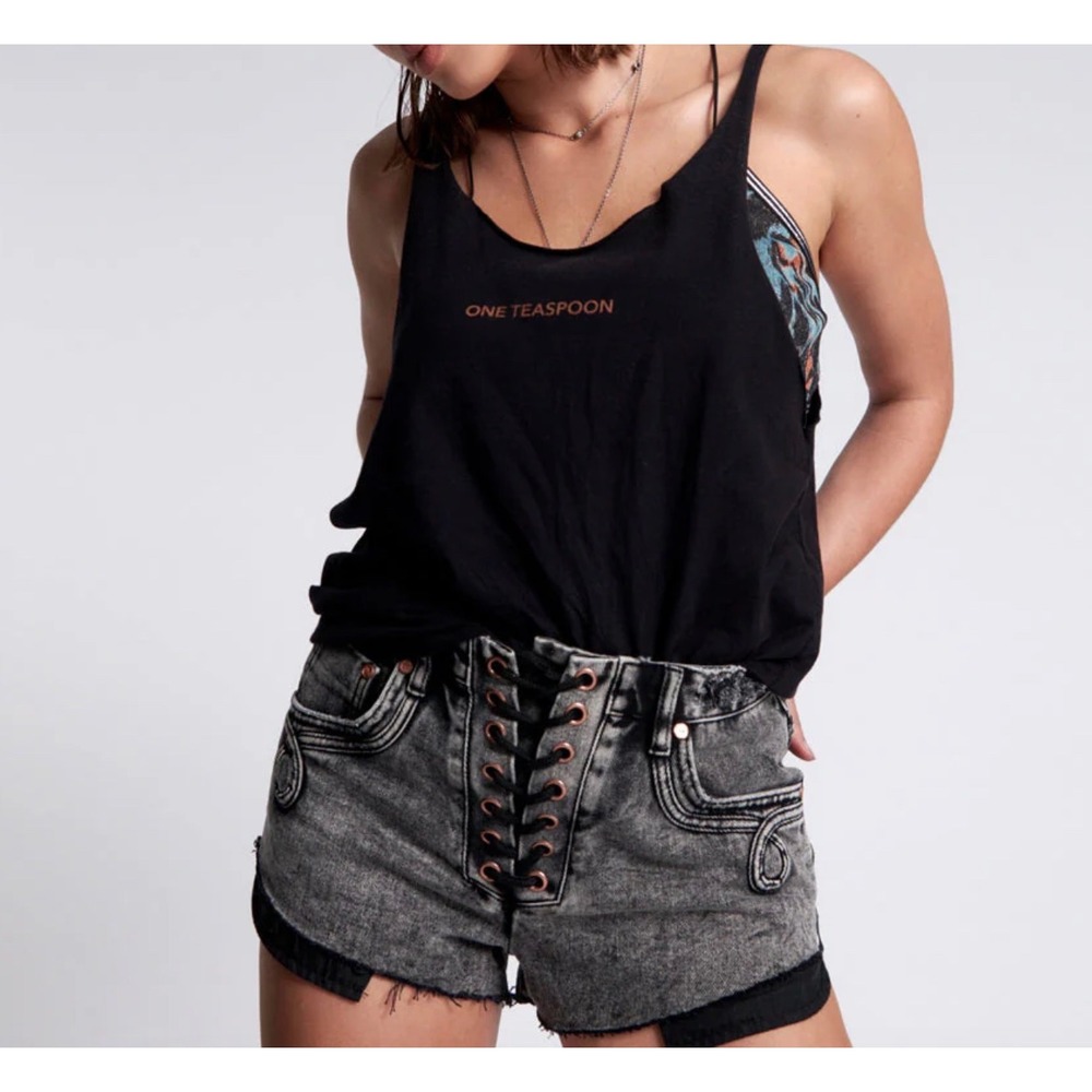 One Teaspoon NEW Black Stone Organic Logo Barely There Tank Oversized in Size XS